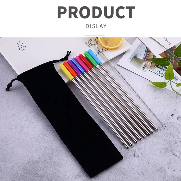 8 PCS Reusable Silicone Tips Stainless Steel Drinking Straws + 2 PCS Cleaner Brushes Set Kit with Cashmere Bag,  266*6mm - Image 11