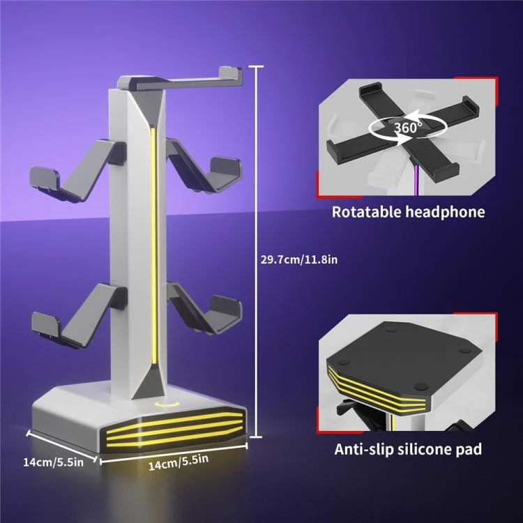8006 USB Charging Ports 360 Degree Rotatable RGB Gaming Controller Holder Headphone Stand(White) - Image 8