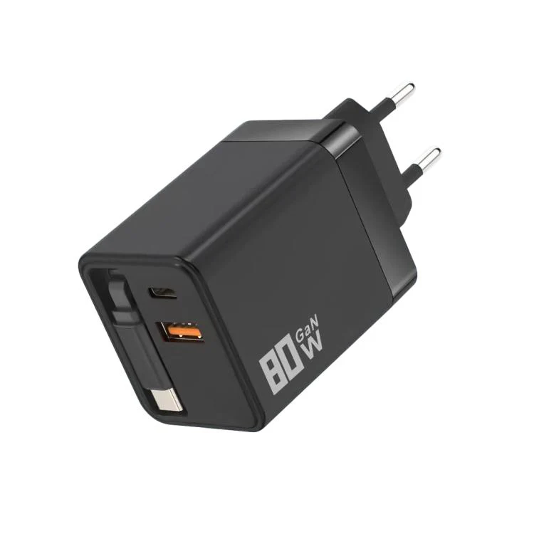 80W GaN Wall Charger With Built-In Retractable USB-C Cable 3-Port Fast Charging Block EU Plug(Black)