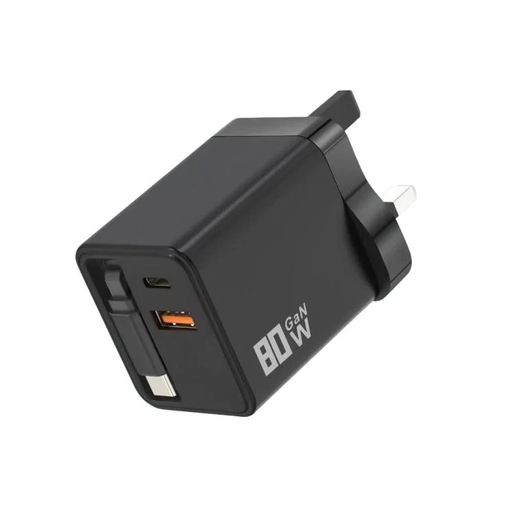 80W GaN Wall Charger With Built-In Retractable USB-C Cable 3-Port Fast Charging Block UK Plug(Black)