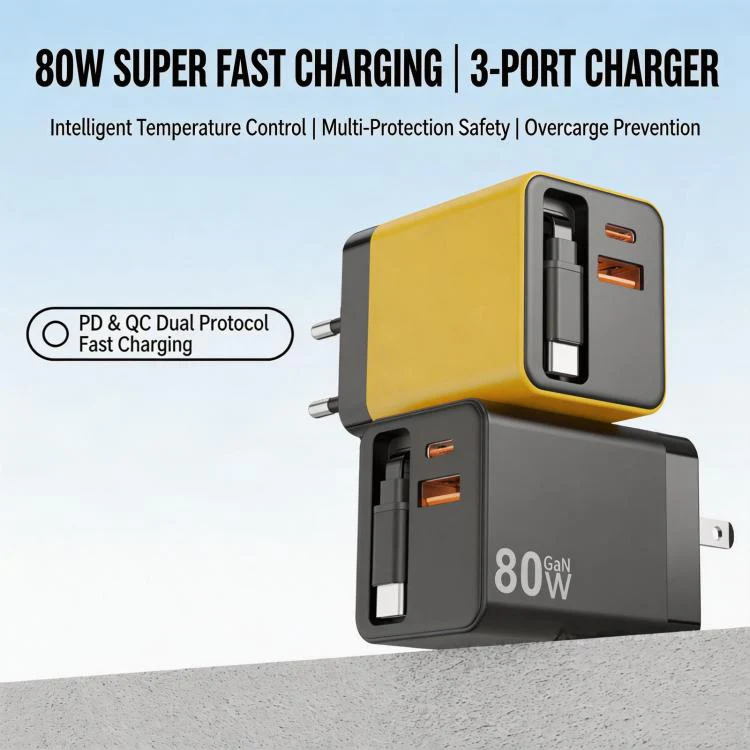 80W GaN Wall Charger With Built-In Retractable USB-C Cable 3-Port Fast Charging Block UK Plug(Black) - Image 2