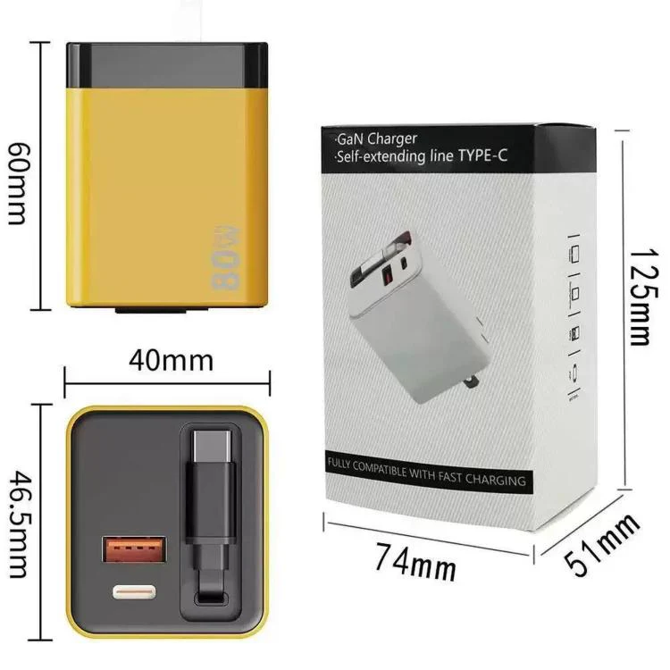 80W GaN Wall Charger With Built-In Retractable USB-C Cable 3-Port Fast Charging Block UK Plug(Black) - Image 7