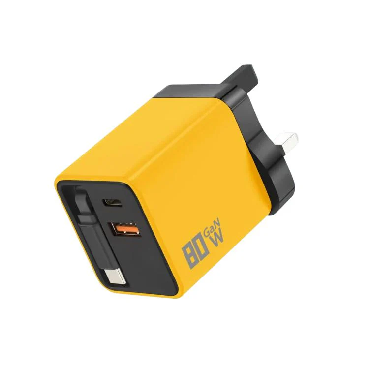 80W GaN Wall Charger With Built-In Retractable USB-C Cable 3-Port Fast Charging Block UK Plug(Orange)