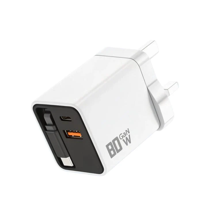 80W GaN Wall Charger With Built-In Retractable USB-C Cable 3-Port Fast Charging Block UK Plug(White)