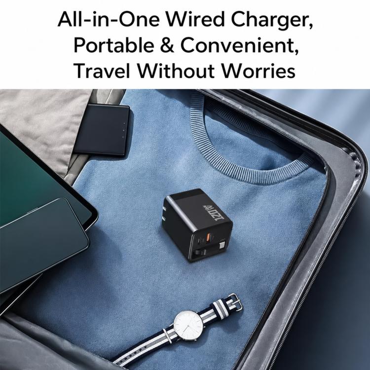 80W GaN Wall Charger With Built-In Retractable USB-C Cable 3-Port Fast Charging Block UK Plug(White) - Image 6