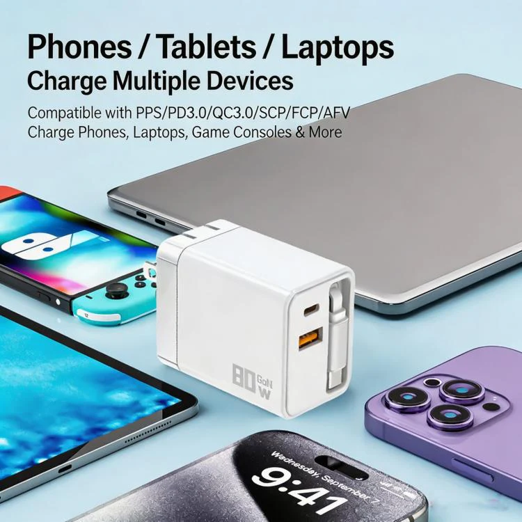 80W GaN Wall Charger With Built-In Retractable USB-C Cable 3-Port Fast Charging Block US Plug(Black) - Image 3