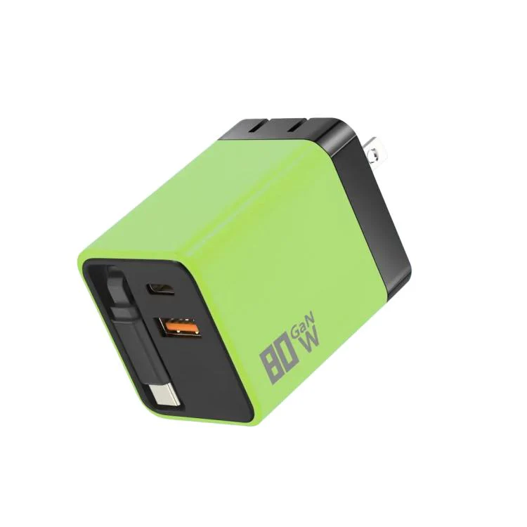 80W GaN Wall Charger With Built-In Retractable USB-C Cable 3-Port Fast Charging Block US Plug(Green)