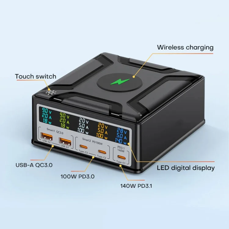 868D 6-In-1 260W High-Power Type-C+USB Multi Ports Charger Supports QI Wireless Charging(AU Plug) - Image 3