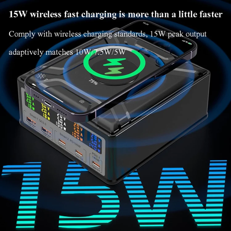 868D 6-In-1 260W High-Power Type-C+USB Multi Ports Charger Supports QI Wireless Charging(AU Plug) - Image 9