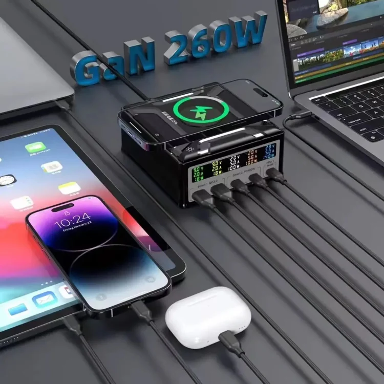868D 6-In-1 260W High-Power Type-C+USB Multi Ports Charger Supports QI Wireless Charging(EU Plug) - Image 11