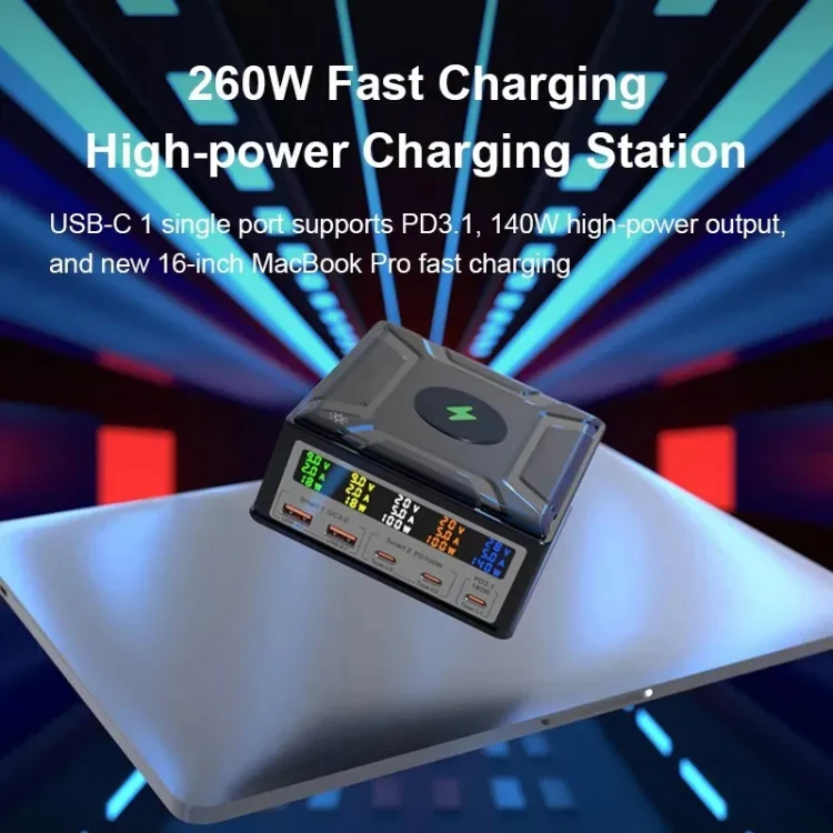 868D 6-In-1 260W High-Power Type-C+USB Multi Ports Charger Supports QI Wireless Charging(US Plug) - Image 4