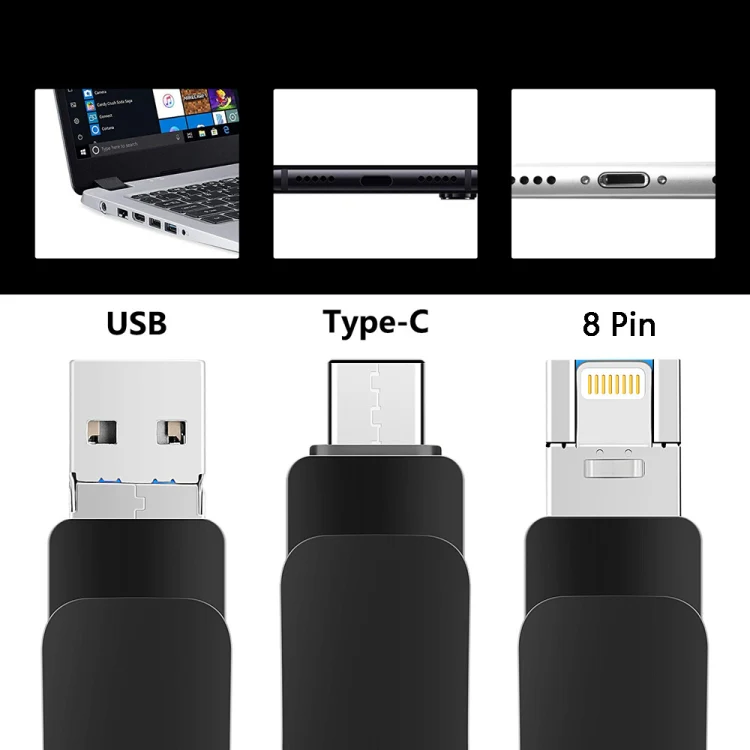 8GB USB 3.0 + 8 Pin + USB-C / Type-C 3 in 1 Mobile Computer Metal U-Disk(Black) - Image 6