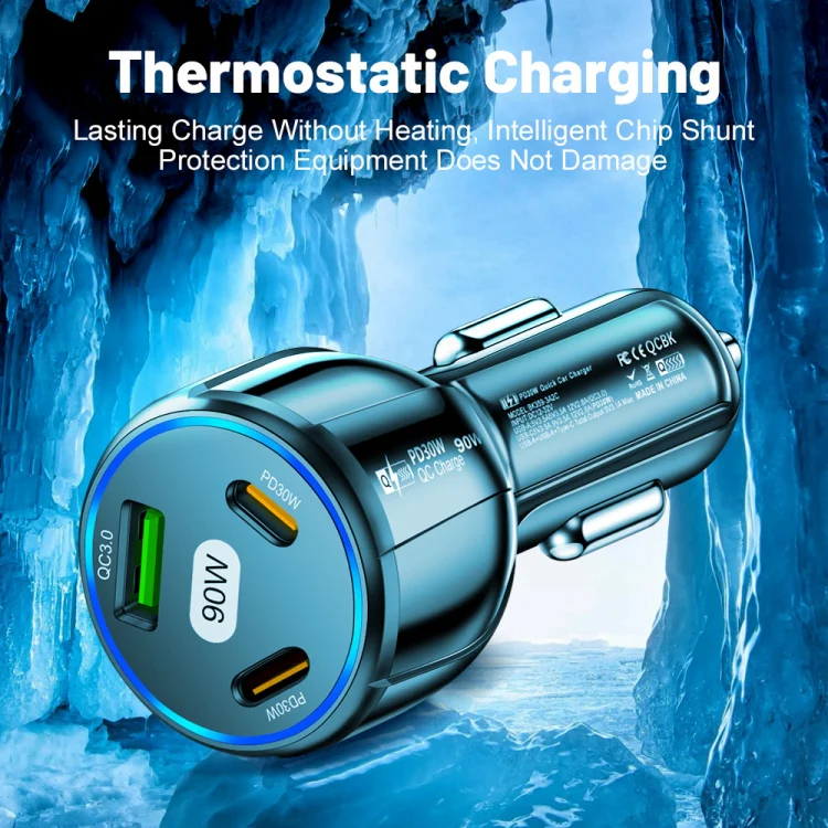 90W Super Fast Charging USB-C Car Charger Dual PD 30W+QC3.0 Charging Station(Black) - Image 7