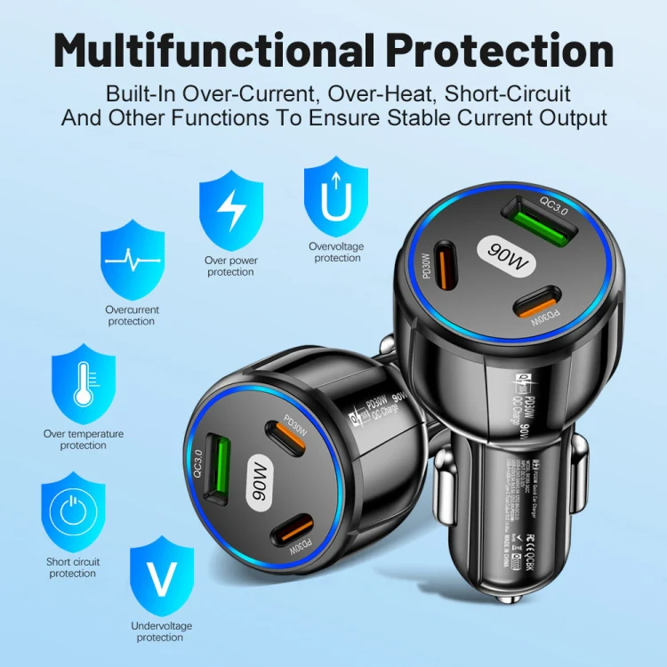 90W Super Fast Charging USB-C Car Charger Dual PD 30W+QC3.0 Charging Station(White) - Image 9