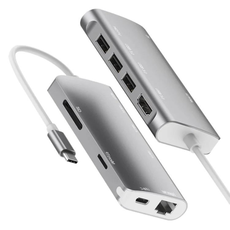 9591C 8 In 1 USB 3.0 x3 + SD / TF Card + HDMI + RJ45 + Type-C / USB-C (PD) Multi-function HUB Converter Dock Station(Silver) - Image 3