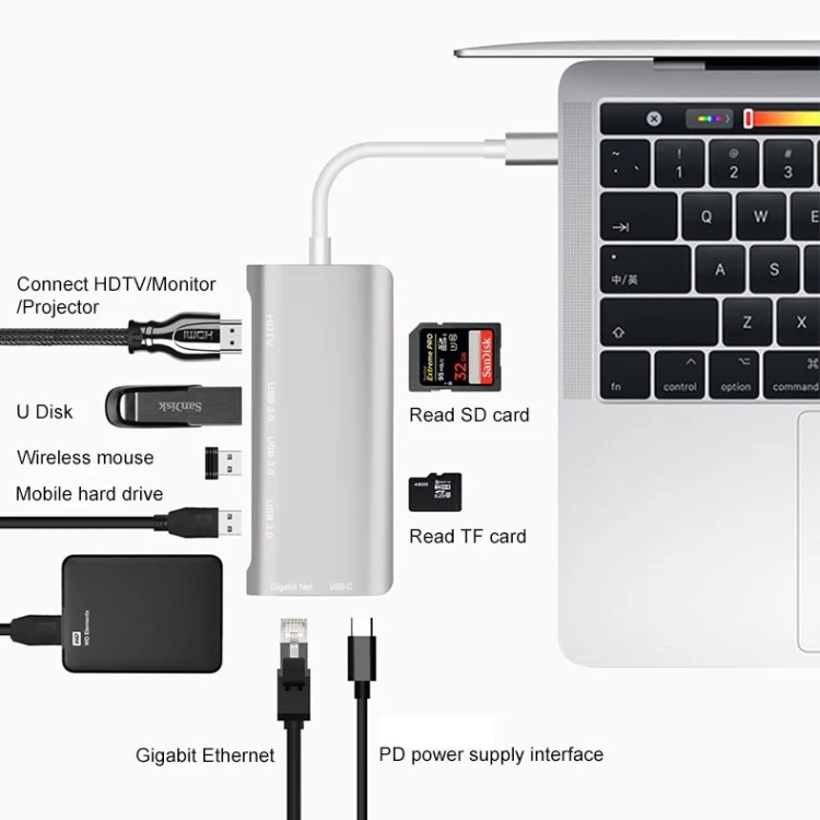 9591C 8 In 1 USB 3.0 x3 + SD / TF Card + HDMI + RJ45 + Type-C / USB-C (PD) Multi-function HUB Converter Dock Station(Silver) - Image 6