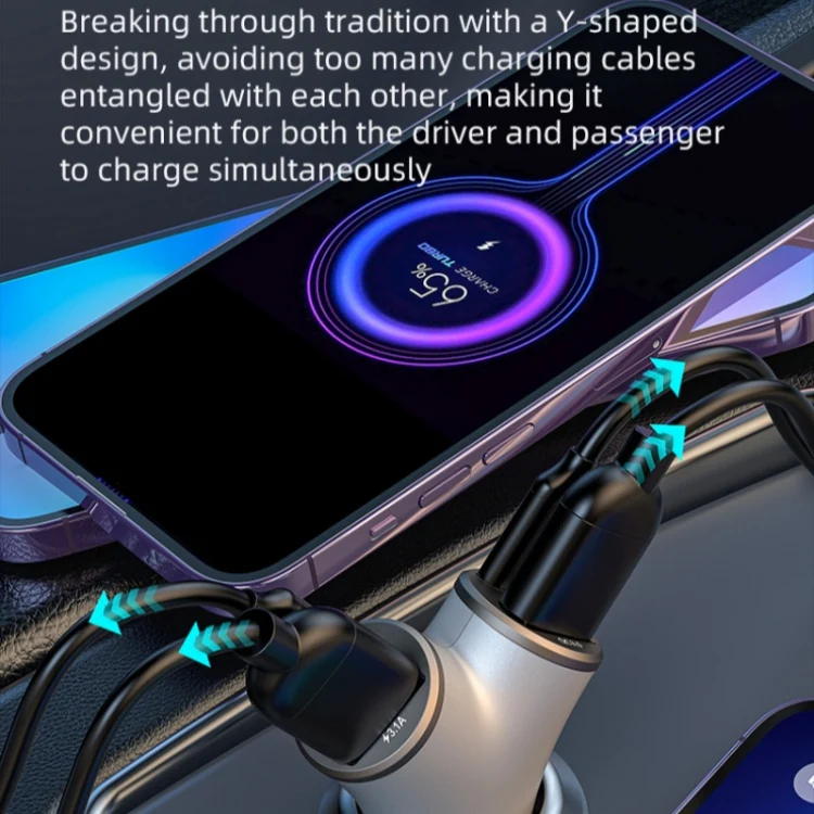 A2 2 USB + 2 Type-C Phone Fast Charging Power Adapter 78W Y-Shaped Car Charger(Silver) - Image 3