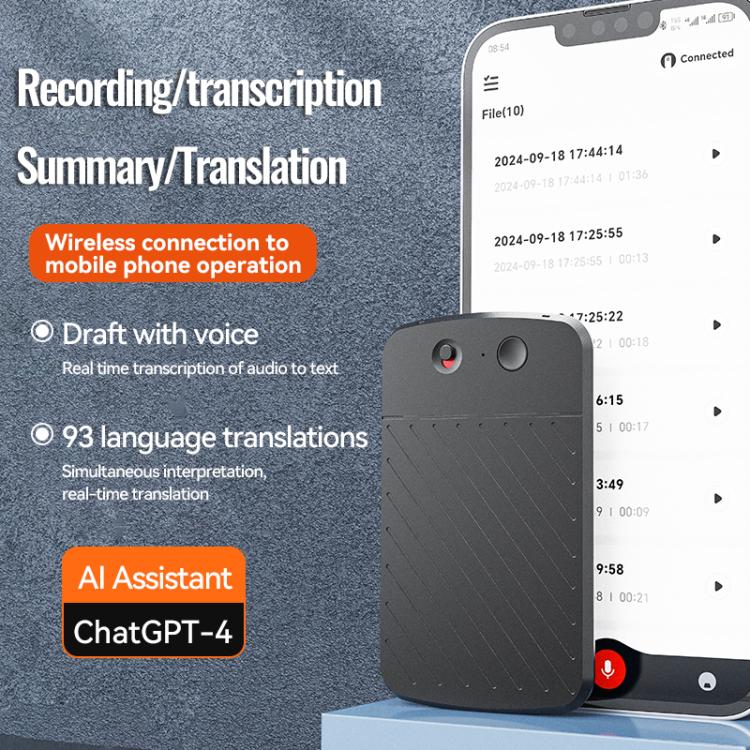 A3 Dual-key Arc-Frame Twill Texture Ultra-thin AI Smart Voice Recorder Support AIREC-APP, Memory:8GB(Black) - Image 4