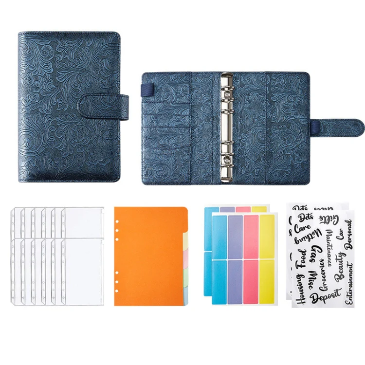 A5 YMX-007 PU Leather Budget Binder Notebook Embossed Model Handbook(Dark Blue)