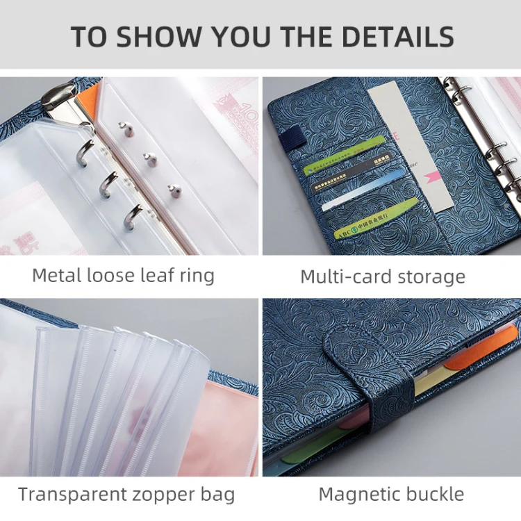 A5 YMX-007 PU Leather Budget Binder Notebook Embossed Model Handbook(Dark Blue) - Image 4