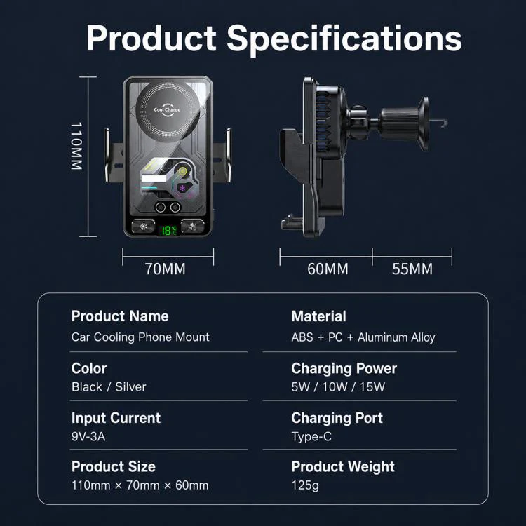 A8 Cooling Wireless Charger Car Air Outlet Holder With Digital display screen(Black) - Image 11