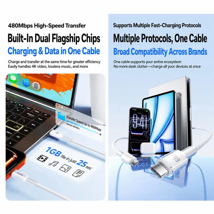 ABEEL A62 PD60W USB-C/Type-C to USB-C/Type-C Fast Charging Braided Data Cable Length: 1.5m White - Image 4