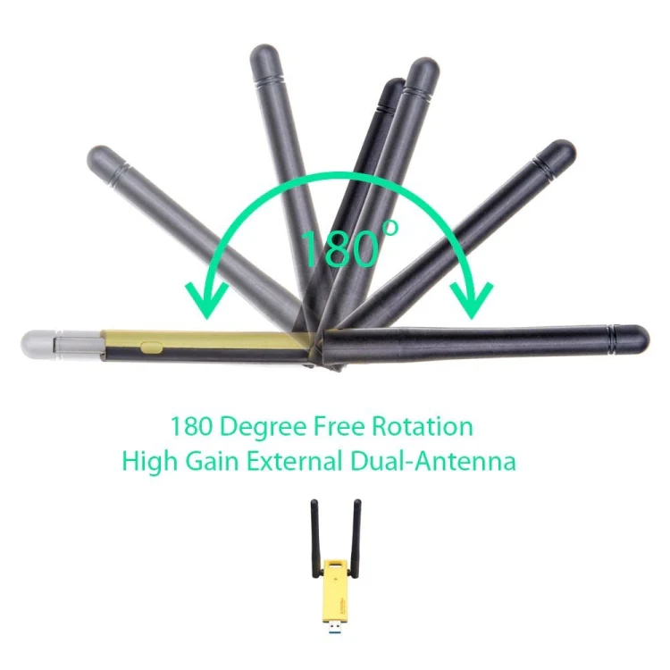 AC1200Mbps 2.4GHz & 5GHz Dual Band USB 3.0 WiFi Adapter External Network Card with 2 External Antenna(Yellow) - Image 6