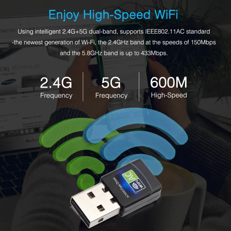 AC600Mbps 2.4GHz & 5GHz Dual Band USB 2.0 WiFi Free Drive Adapter External Network Card - Image 10