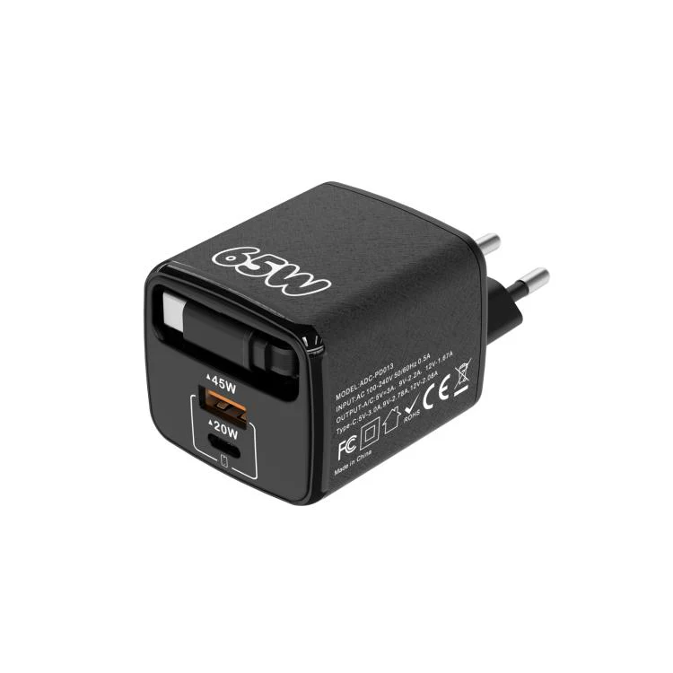 ADC-PD013 Sugar Cube 65W Type-C and USB Dual-port Fast Charger with Type-C Retractable Cable, Plug:EU Plug(Black)