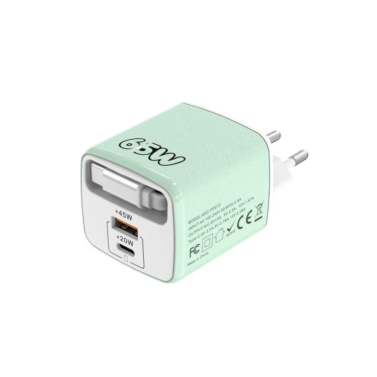 ADC-PD013 Sugar Cube 65W Type-C and USB Dual-port Fast Charger with Type-C Retractable Cable, Plug:EU Plug(Green)