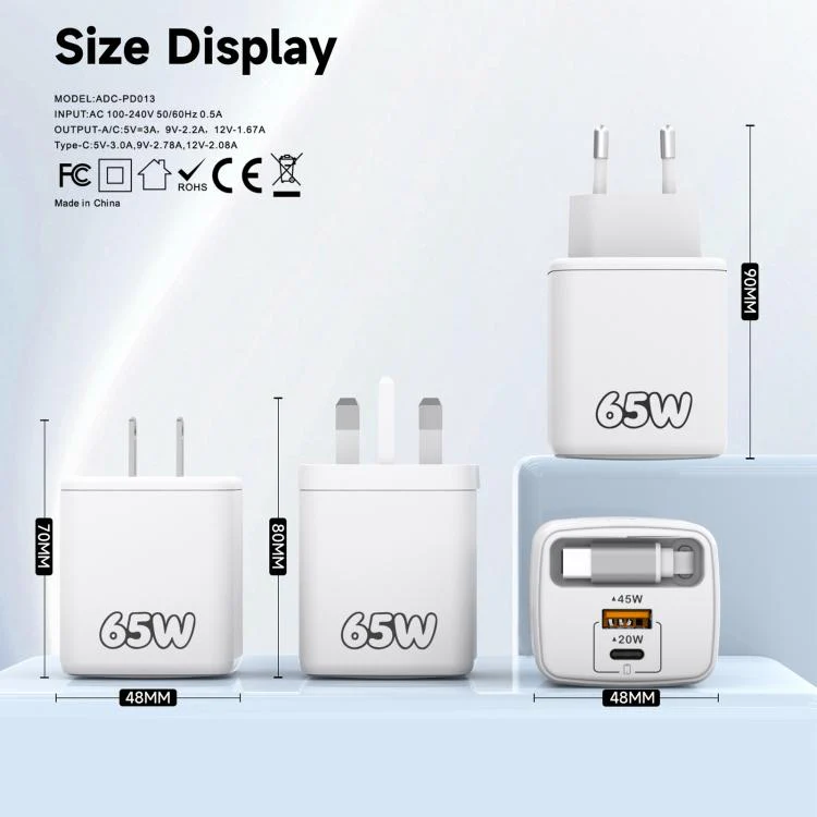 ADC-PD013 Sugar Cube 65W Type-C and USB Dual-port Fast Charger with Type-C Retractable Cable, Plug:EU Plug(Green) - Image 4