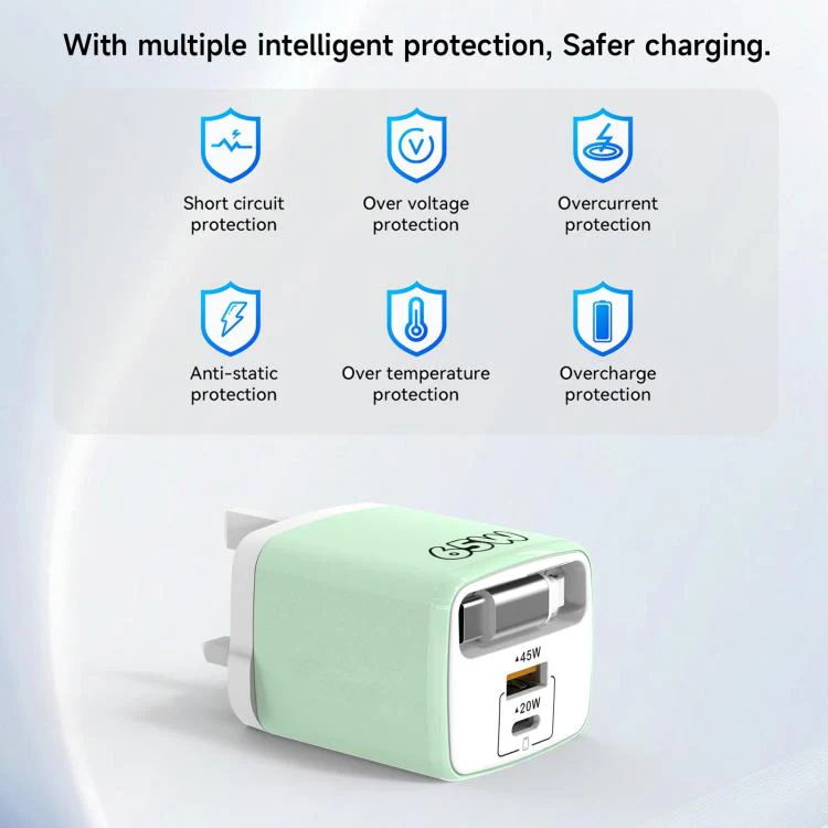 ADC-PD013 Sugar Cube 65W Type-C and USB Dual-port Fast Charger with Type-C Retractable Cable, Plug:EU Plug(Green) - Image 6