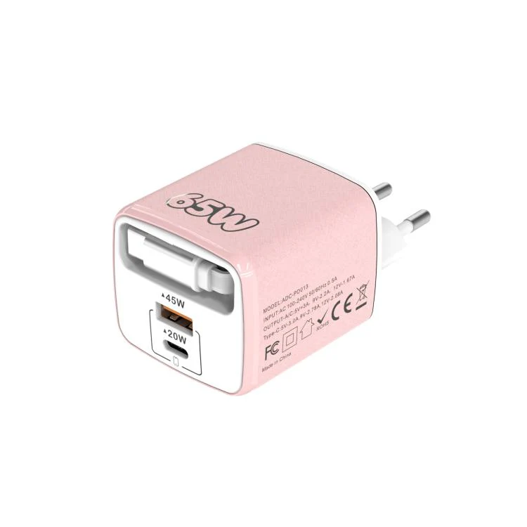 ADC-PD013 Sugar Cube 65W Type-C and USB Dual-port Fast Charger with Type-C Retractable Cable, Plug:EU Plug(Pink)