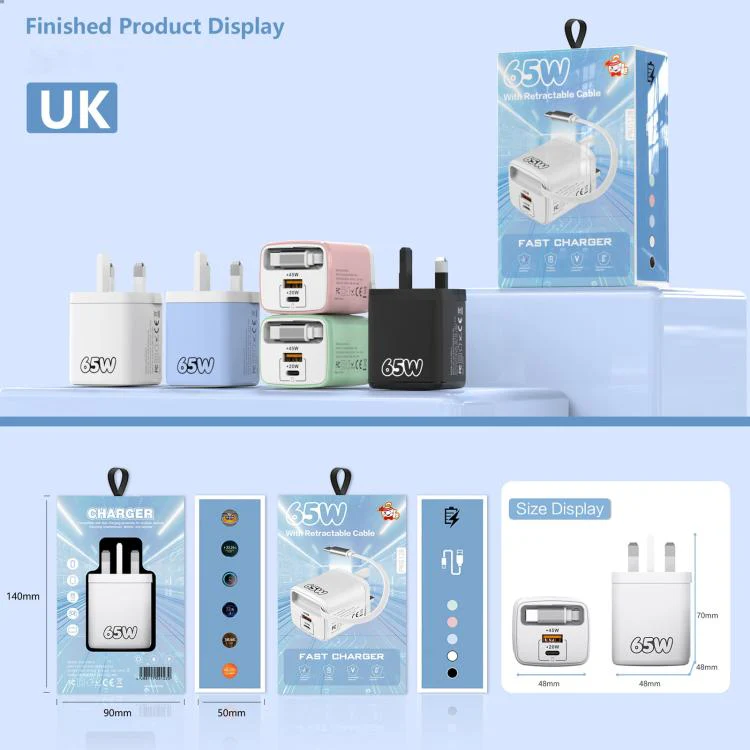 ADC-PD013 Sugar Cube 65W Type-C and USB Dual-port Fast Charger with Type-C Retractable Cable, Plug:UK Plug(Pink) - Image 2