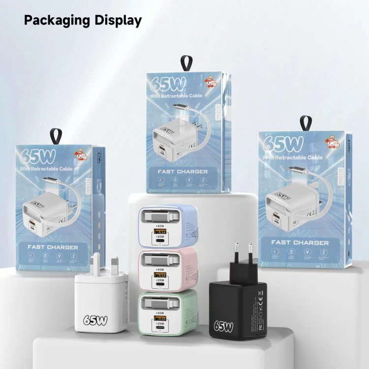 ADC-PD013 Sugar Cube 65W Type-C and USB Dual-port Fast Charger with Type-C Retractable Cable, Plug:UK Plug(Pink) - Image 3