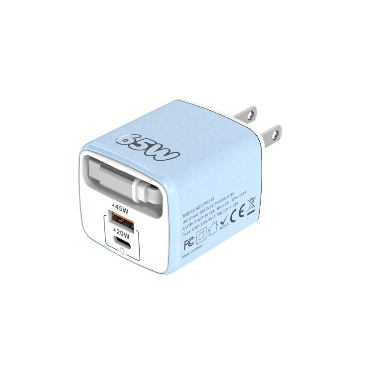 ADC-PD013 Sugar Cube 65W Type-C and USB Dual-port Fast Charger with Type-C Retractable Cable, Plug:US Plug(Blue)