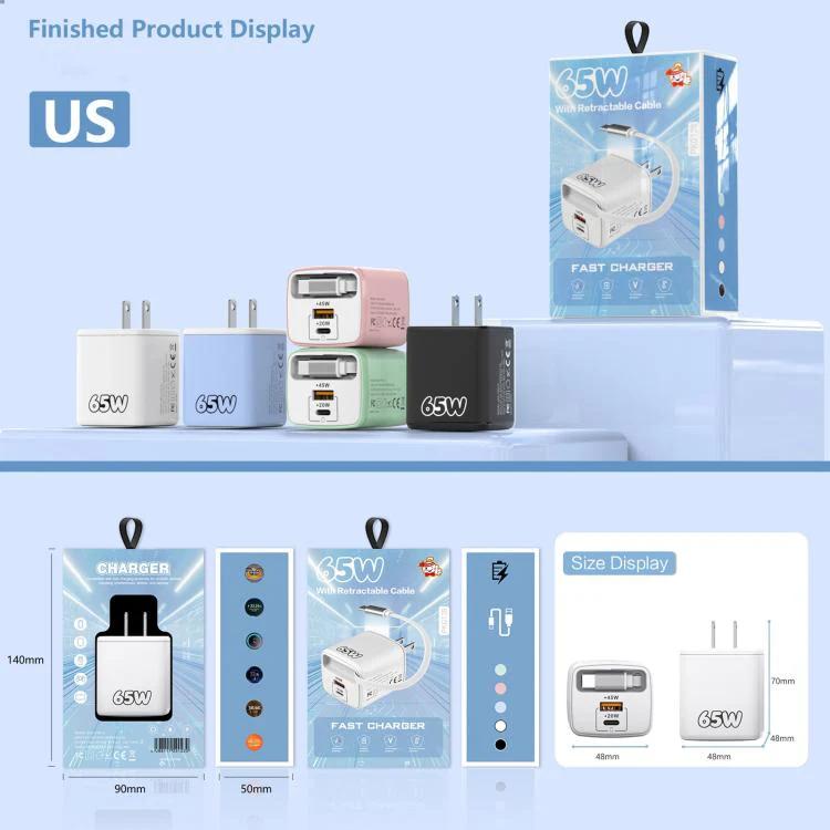 ADC-PD013 Sugar Cube 65W Type-C and USB Dual-port Fast Charger with Type-C Retractable Cable, Plug:US Plug(Green) - Image 2