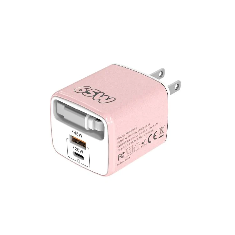 ADC-PD013 Sugar Cube 65W Type-C and USB Dual-port Fast Charger with Type-C Retractable Cable, Plug:US Plug(Pink)