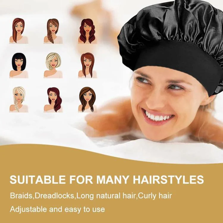 Adjustable Women Shower Cap Wide Brim Sleep Cap For Chemotherapy Hair Care(Beige) - Image 5