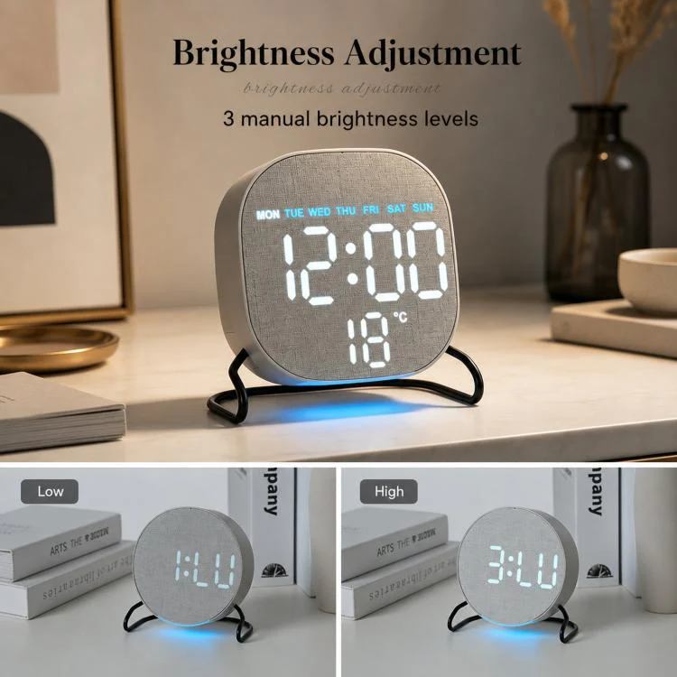 Aesthetic LED Digital Desk Clock Bedside Alarm Clock With Bottom Ambient Light, Countdown Timer, Date And Temperature(2815 Circular Fabric Texture) - Image 5