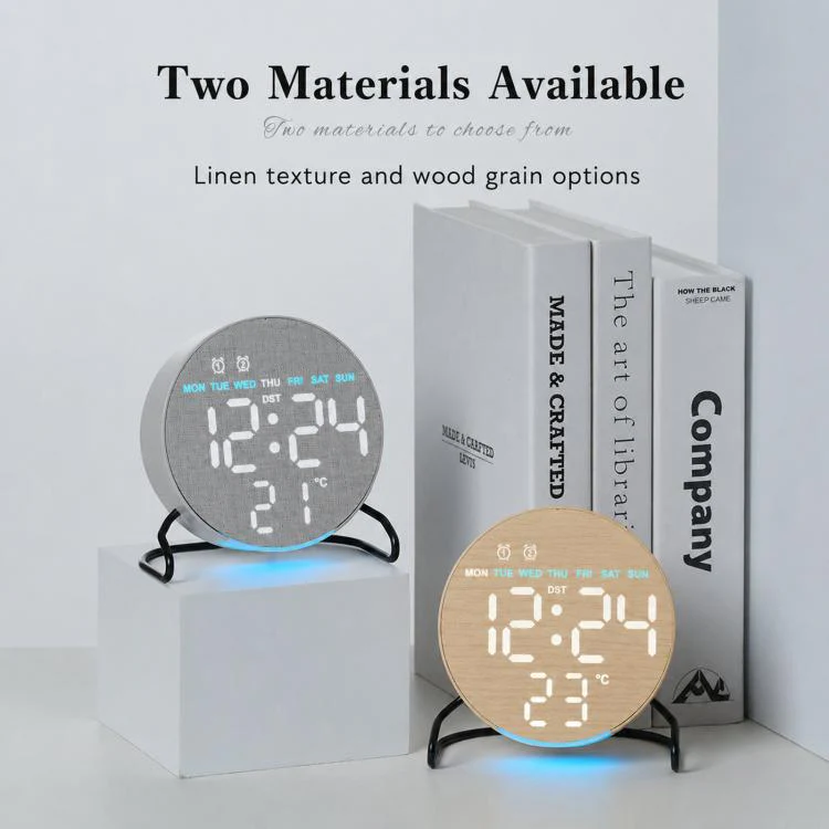 Aesthetic LED Digital Desk Clock Bedside Alarm Clock With Bottom Ambient Light, Countdown Timer, Date And Temperature(2815 Circular Fabric Texture) - Image 8
