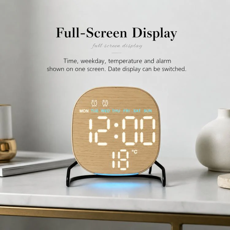 Aesthetic LED Digital Desk Clock Bedside Alarm Clock With Bottom Ambient Light, Countdown Timer, Date And Temperature(2816 Square Fabric Texture) - Image 2