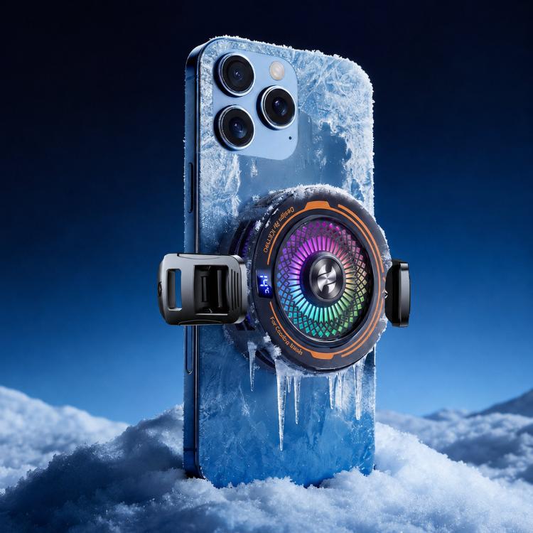 AI Mobile Phone Cooler Magnetic Semiconductor Radiator with Temperature Display & RGB Light With Clip Black