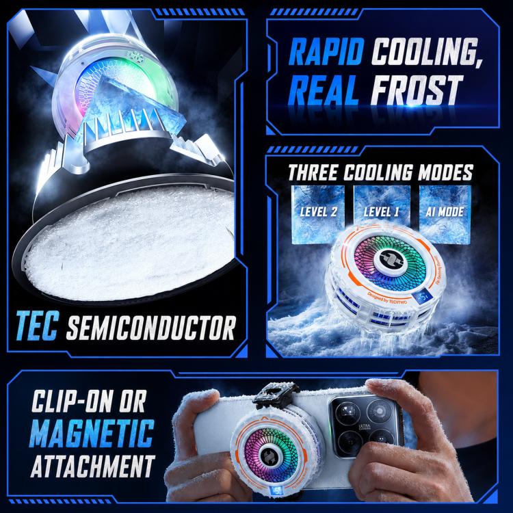 AI Mobile Phone Cooler Magnetic Semiconductor Radiator with Temperature Display & RGB Light With Clip White - Image 4
