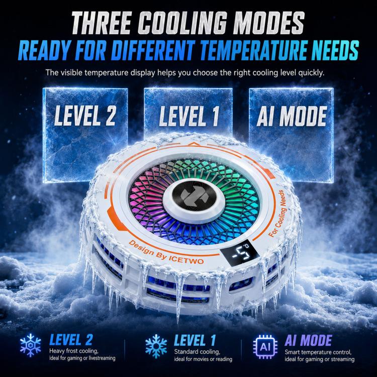 AI Mobile Phone Cooler Magnetic Semiconductor Radiator with Temperature Display & RGB Light With Clip White - Image 5