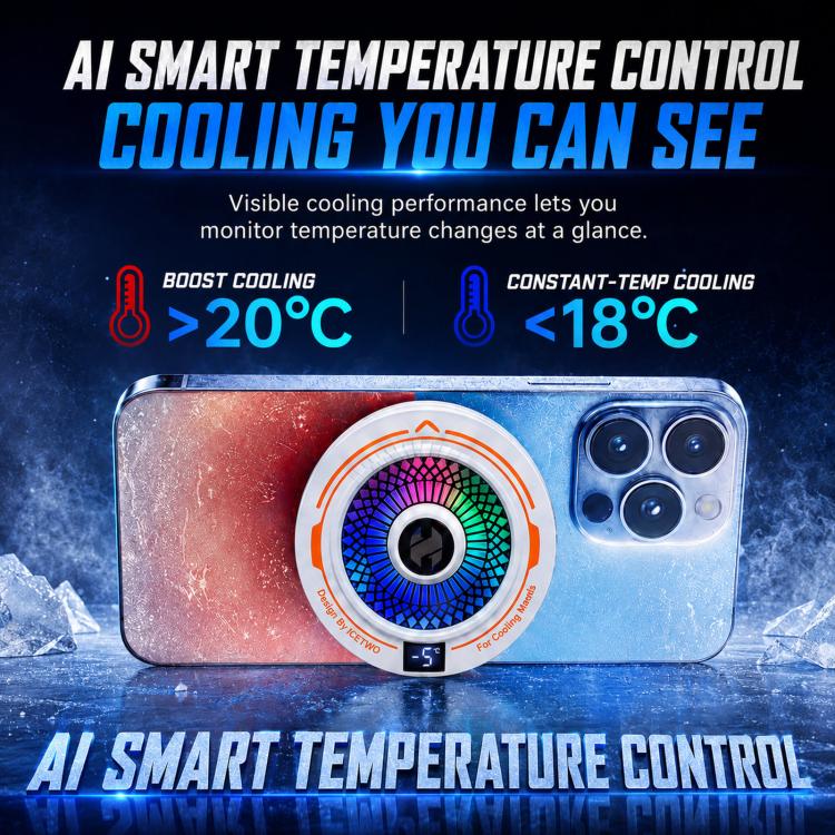 AI Mobile Phone Cooler Magnetic Semiconductor Radiator with Temperature Display & RGB Light With Clip White - Image 6
