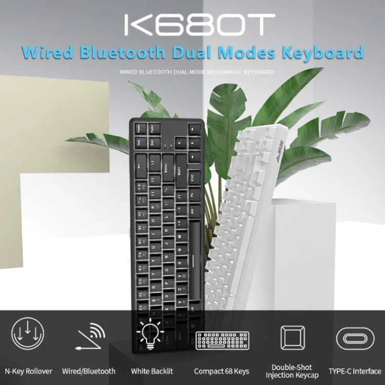 Ajazz K680T Mini USB Wired Dual-mode Charging 68-keys Laptop Bluetooth Mechanical Keyboard, Cable Length: 1.6m, Style:Black Shaft(Black) - Image 3