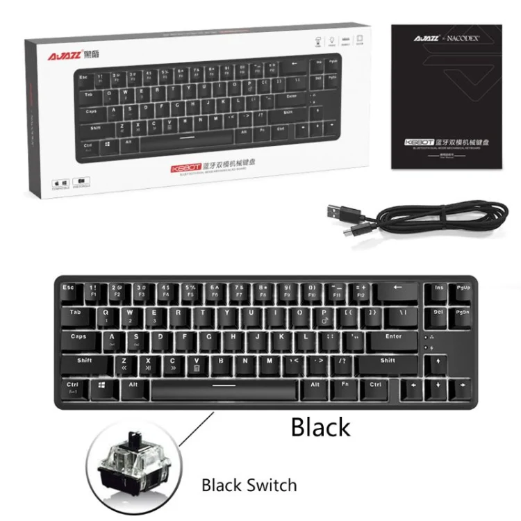 Ajazz K680T Mini USB Wired Dual-mode Charging 68-keys Laptop Bluetooth Mechanical Keyboard, Cable Length: 1.6m, Style:Black Shaft(Black) - Image 6