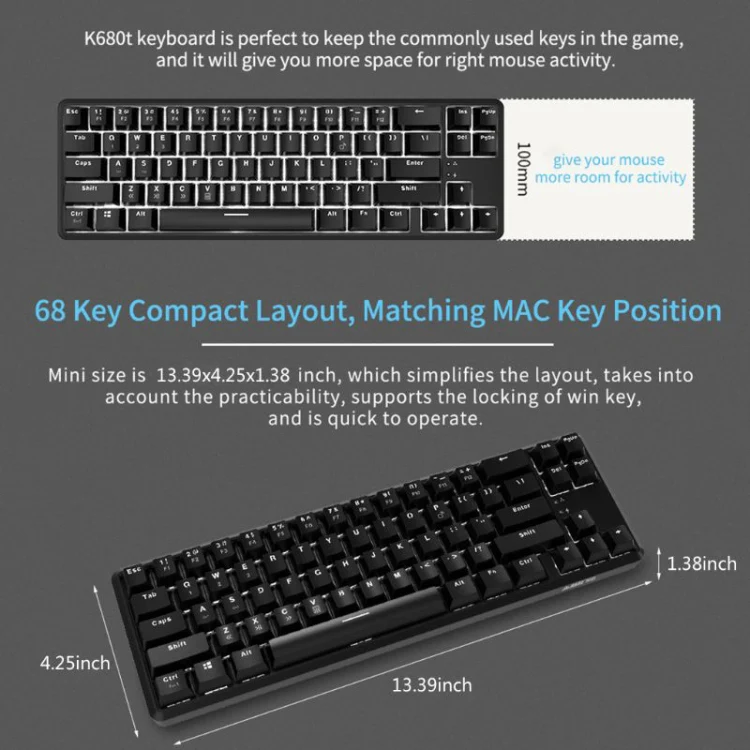 Ajazz K680T Mini USB Wired Dual-mode Charging 68-keys Laptop Bluetooth Mechanical Keyboard, Cable Length: 1.6m, Style:Black Shaft(Black) - Image 7