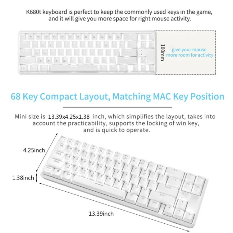 Ajazz K680T Mini USB Wired Dual-mode Charging 68-keys Laptop Bluetooth Mechanical Keyboard, Cable Length: 1.6m, Style:Black Shaft(White) - Image 6